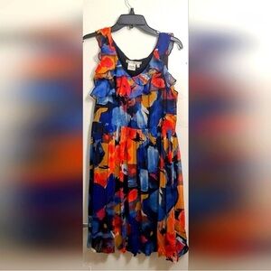 Maggy London Multicolor Abstract Ruffle Neck Silk Dress